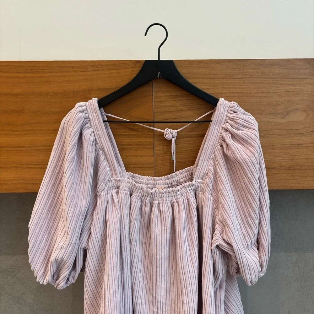 Free People Raquel Cord Puff Sleeve Oversized Textured Blouse, Size M